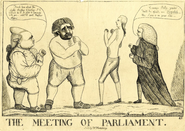 Eine Zeichnung von drei Menschen, die stehen und diskutieren, mit einer Person, die lebhaft gestikuliert, beschriftet mit "Die Parlamentssitzung" unten.