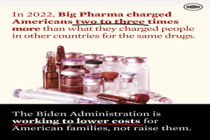 Plakat mit Text, der besagt, dass Big Pharma 2022 Amerikaner zwei bis drei Mal mehr für dieselben Medikamente berechnet hat, begleitet von Flaschen und einer Spritze.
