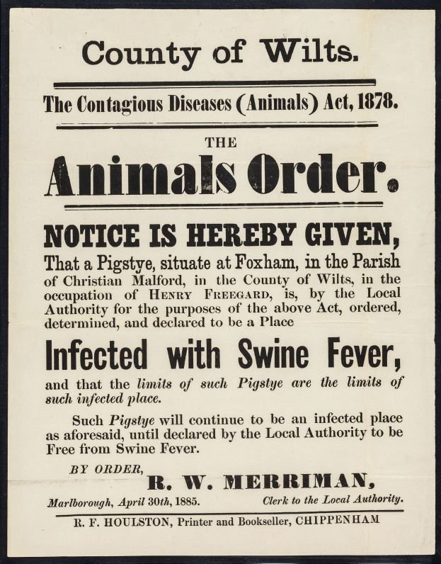 Plakat mit der Überschrift "Der Landkreis Wilts, das Tierseuchengesetz von 1878" mit einer Ankündigung über die Schweinepest-Infektion.