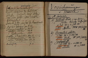 Ein offenes deutsches Militärtagebuch aus dem frühen 20. Jahrhundert, gefüllt mit handgeschriebener Text und Zahlen.