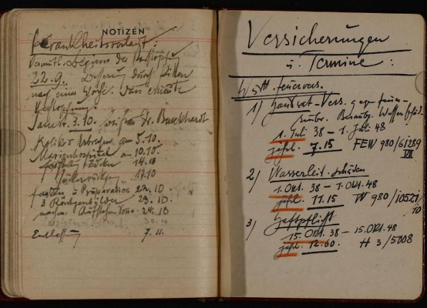 Ein offenes deutsches Militärtagebuch aus dem frühen 20. Jahrhundert, gefüllt mit handgeschriebener Text und Zahlen.