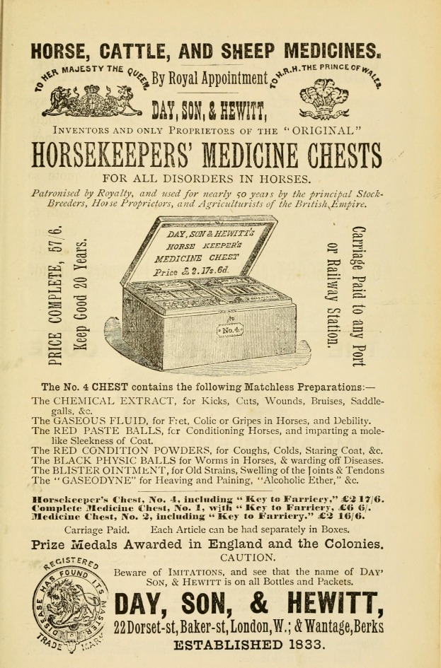 Ein altes Buchcover mit einem Medizinbehälter und der Aufschrift "Pferd, Rinder- und Schafmedizin".