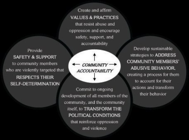 Ein Diagramm mit der Bezeichnung "Gemeinschaftliche Rechenschaftspflicht" mit einem zentralen Kreis, der durch Pfeile mit drei überlappenden Kreisen verbunden ist, alles in fetter, leuchtender Farbe.