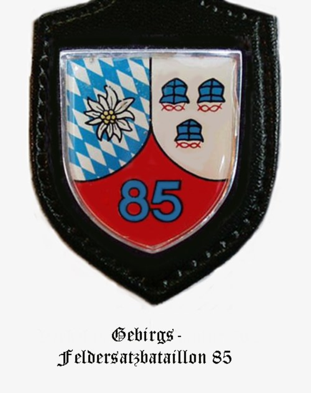 Ein Abzeichen mit der Nummer 85, das die bayerische Fußballmannschaft darstellt, mit deutschem Text unten.