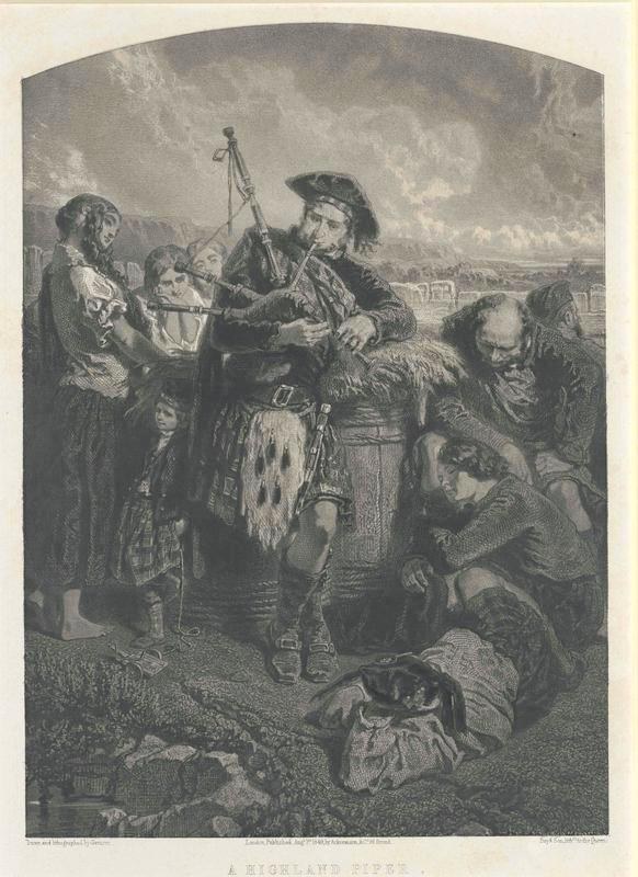 Schwarze und weiße Gravur eines Mannes, der eine Dudelsackpfeife spielt, mit Zuschauern und bewölktem Himmel, unten mit 'Ein Highland Pipe' beschriftet.