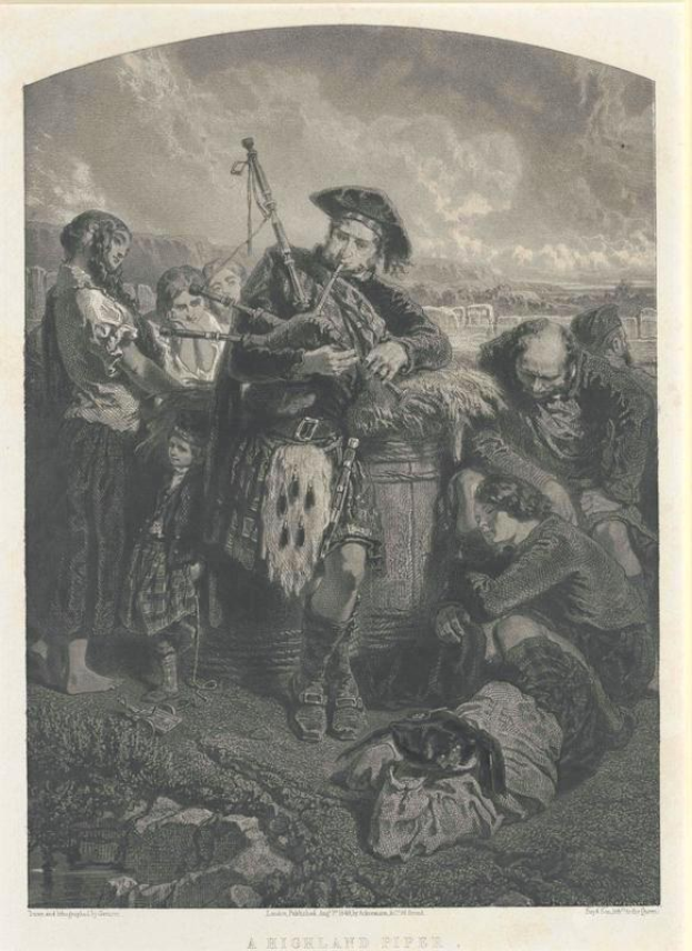 Schwarze und weiße Gravur eines Mannes, der eine Dudelsackpfeife spielt, mit Zuschauern und bewölktem Himmel, unten mit 'Ein Highland Pipe' beschriftet.
