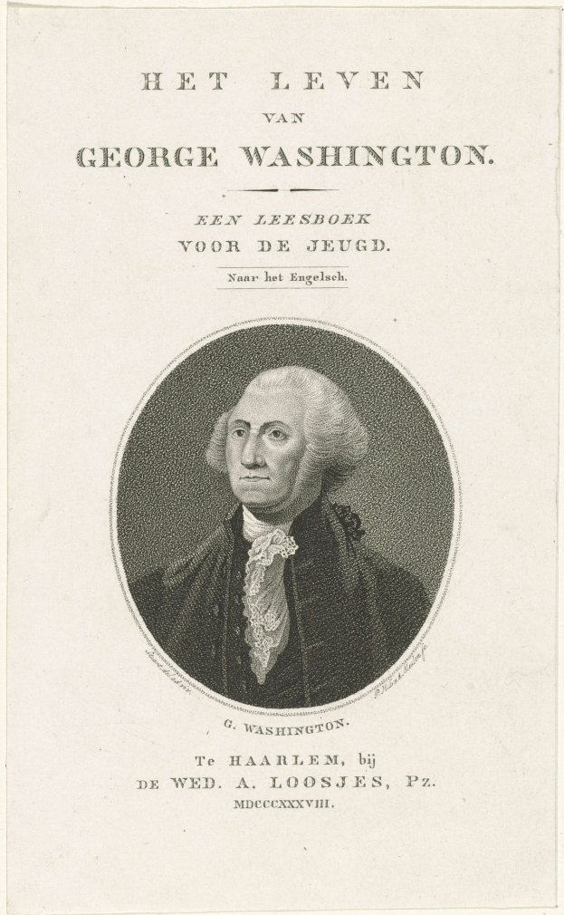 Porträt von George Washington auf bedrucktem Papier, frontal mit ernstem Gesichtsausdruck, bekleidet mit Anzug und Krawatte mit zurückgekämmtem Haar.