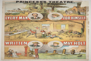 Ein Plakat für die Produktion von "Jeder für sich" im Princess Theatre von May Holt, das Illustrationen von Menschen, Bäumen, Häusern, Tischen, Stühlen und anderen Gegenständen sowie Text enthält.
