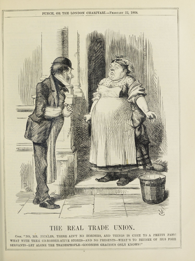 Eine handgezeichnete Abbildung auf Papier, die einen Mann und eine Frau zeigt, die neben einem Eimer stehen, mit Text unten, der "Die echte Gewerkschaft" lautet.