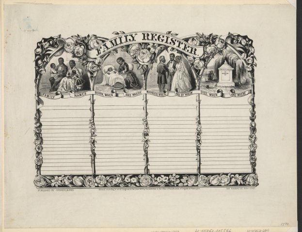 Schwarz-weißes Familienregister mit einem Gruppenfoto in der Mitte und handgeschriebenem Text, der Familieninformationen enthält.