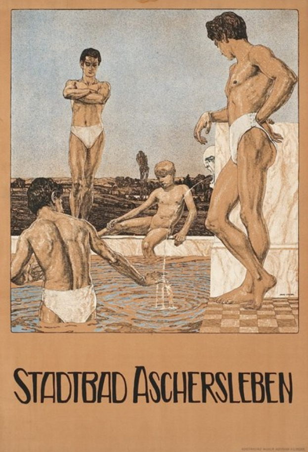 Plakat wirbt für ein Schwimmbad in Aschersleben, Deutschland, mit Menschen im Wasser und Text über die Einrichtungen des Bades.