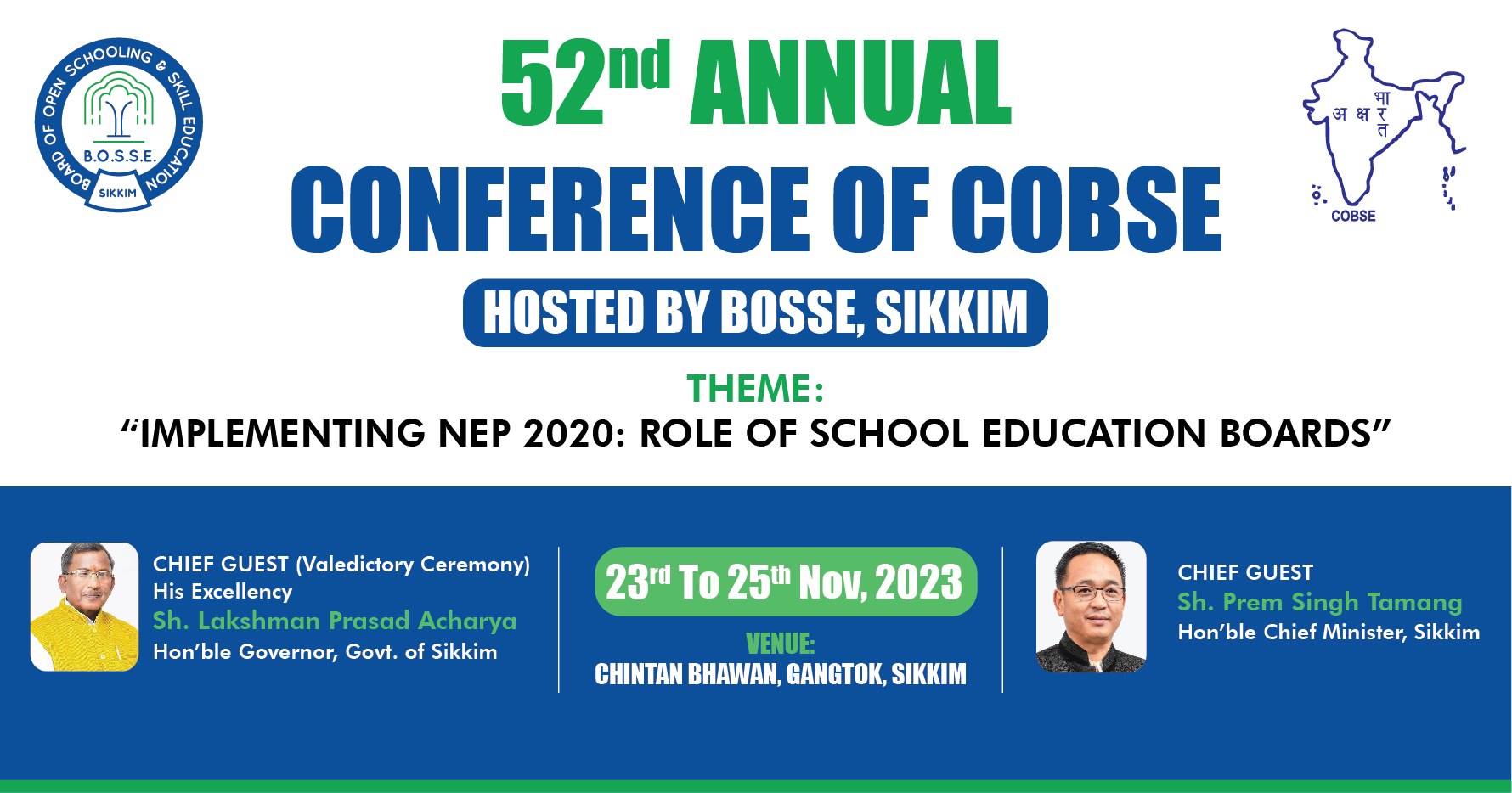 Werbung für die 52. Jahrestagung der COBSE, veranstaltet von Bosse Sikkim, mit zwei Personen und Veranstaltungseinzelheiten.