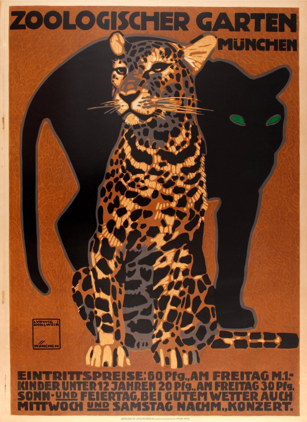 Plakat für einen Münchner Zoo mit Bildern eines Leoparden und einer Hauskatze und Text mit Zooinformationen.