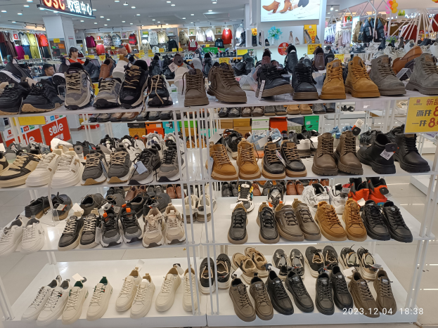Ein Schuhgeschäfts-Innenraum mit verschiedenen Schuhen auf Ständern, Preisetiketten sichtbar und Menschen im Hintergrund.