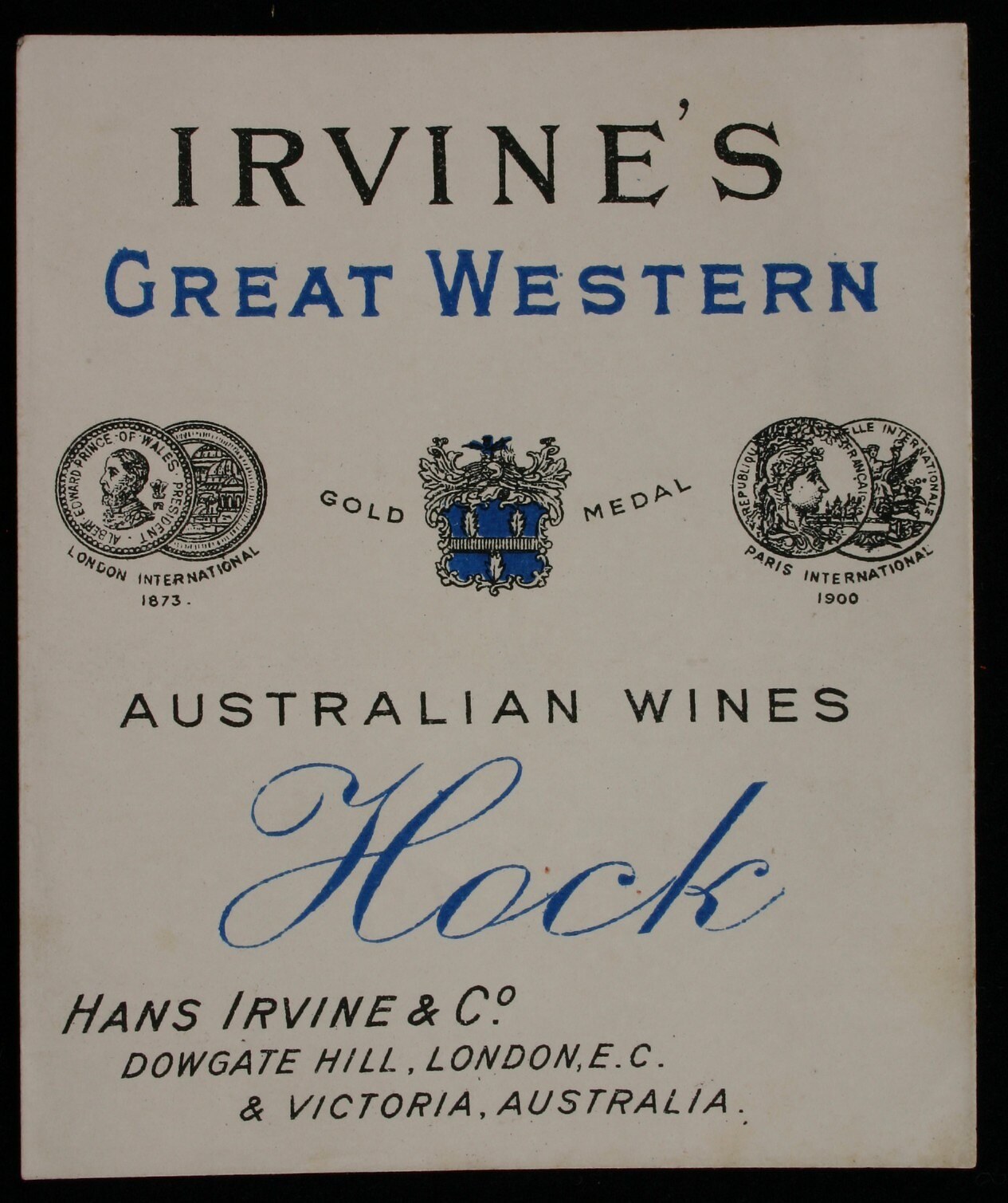 Plakatwerbung für Irvines Große Western Australian Wines Hock, das die Logos und Texte des Unternehmens zeigt.