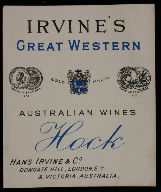 Plakatwerbung für Irvines Große Western Australian Wines Hock, das die Logos und Texte des Unternehmens zeigt.