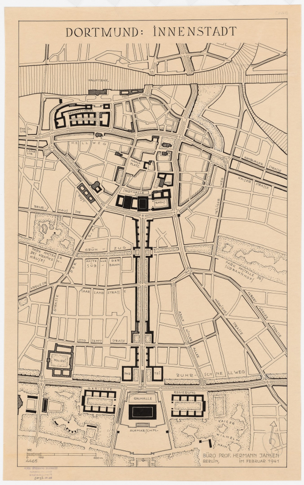 Ein detailliertes Stadtplan-Poster von Dortmund, Deutschland, mit Text oben und unten, das Straßen, Gebäude und Sehenswürdigkeiten zeigt.