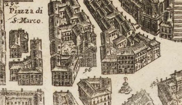 Eine handgezeichnete Stadtansicht mit mehreren Gebäuden mit unterschiedlichen Architekturstilen auf Papier mit handgeschriebener Text.