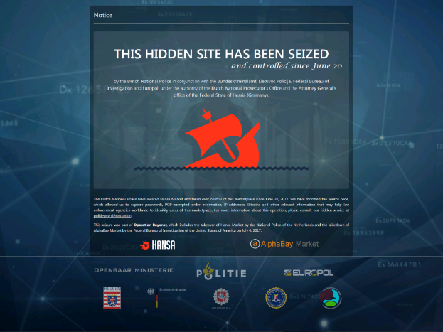 Ein Computerbildschirm mit einer Nachricht "Diese verdeckte Website wurde beschlagnahmt" und einem Logo der niederländischen Polizei mit einem blauen Schild und einem weißen Stern in der Mitte.