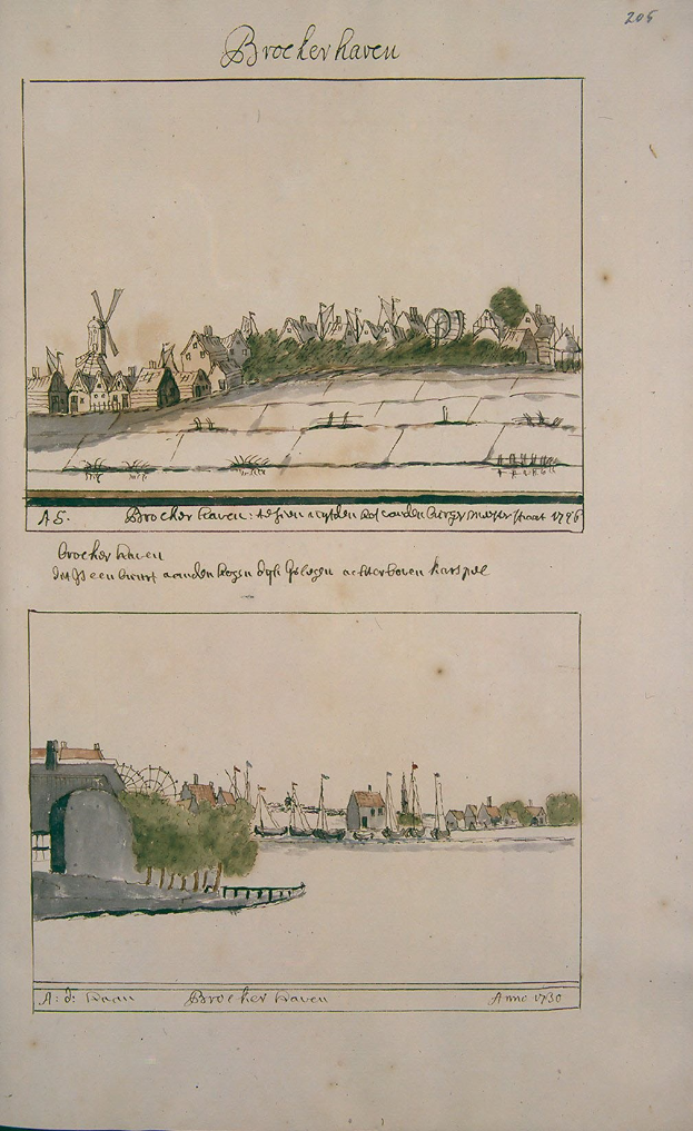 Ein aufgeschlagenes Buch mit einer Stadtansicht-Illustration, die Häuser, Bäume und eine Windmühle zeigt, begleitet von beschreibendem Text.