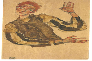 Ein Selbstporträt von Egon Schiele, das einen Mann mit ausgestreckten Händen, geschlossenen Augen und nachdenklicher Miene zeigt, gemalt in einem realistischen Stil mit gedämpften, erdigen Farben auf Papier.