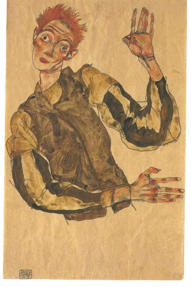 Ein Selbstporträt von Egon Schiele, das einen Mann mit ausgestreckten Händen, geschlossenen Augen und nachdenklicher Miene zeigt, gemalt in einem realistischen Stil mit gedämpften, erdigen Farben auf Papier.
