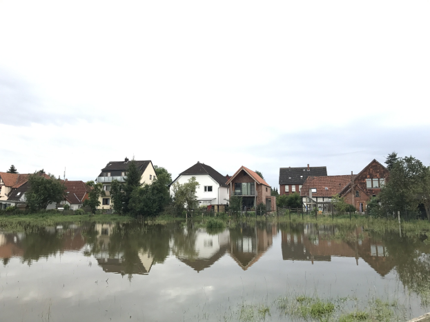 Überflutete Straße mit teilweise unter Wasser stehenden Häusern, umgeben von Gras, Pflanzen, Bäumen und Strommasten, unter einem sichtbaren Himmel.