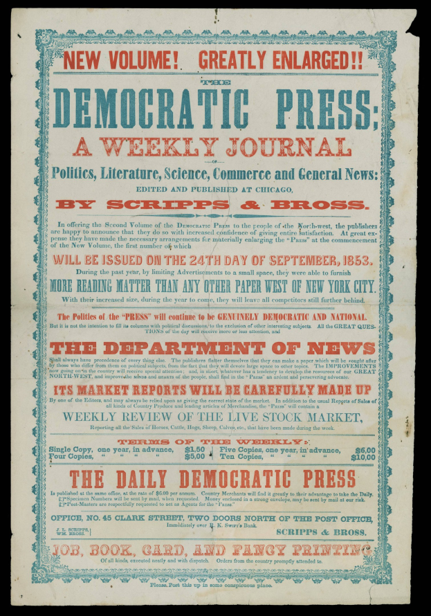 Zeitung mit dem Text "Demokratische Presse: Eine Wochenzeitung" auf einem schwarzen Hintergrund.