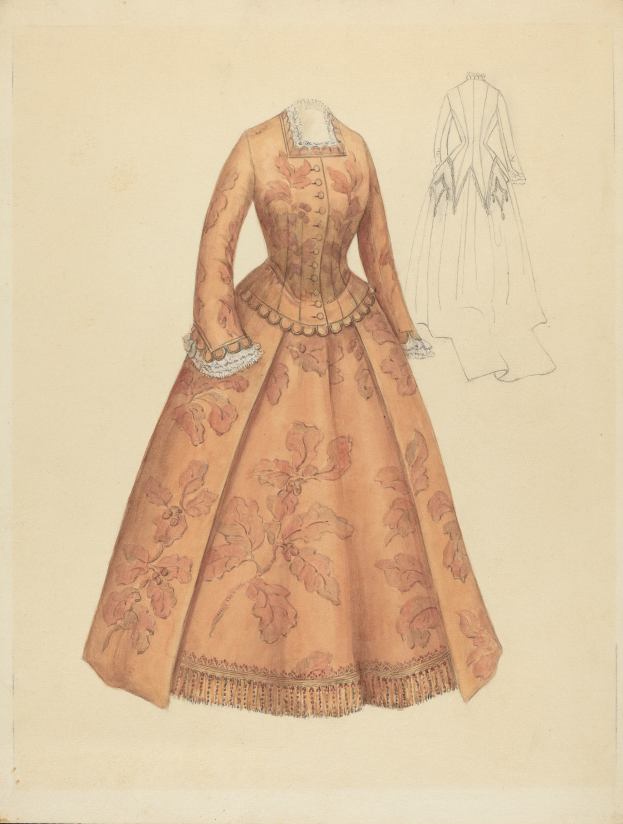 Eine Zeichnung eines Kostümdesigns aus dem 18. Jahrhundert mit einem langen Kleid mit hohem Kragen, floral gemustertem Oberteil in Rosa, Lila und Blau sowie einem Spitzenbesatz an Rock und Hintergrund in Hellblau.