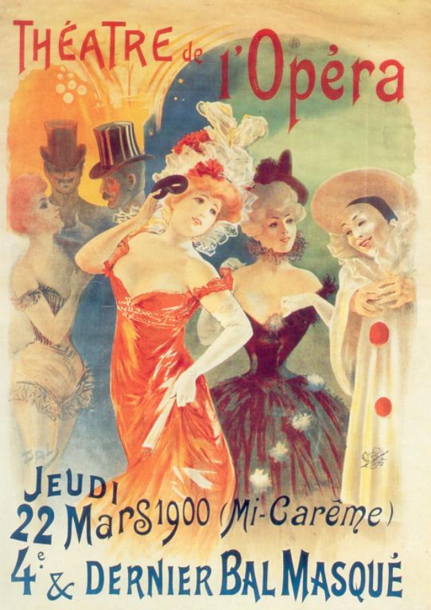 Ein Plakat, das das Théâtre de l'Opéra in Paris ankündigt, zeigt eine Gruppe von Menschen in bunten Kostümen und großen Buchstaben, wahrscheinlich eine Opernvorstellung.