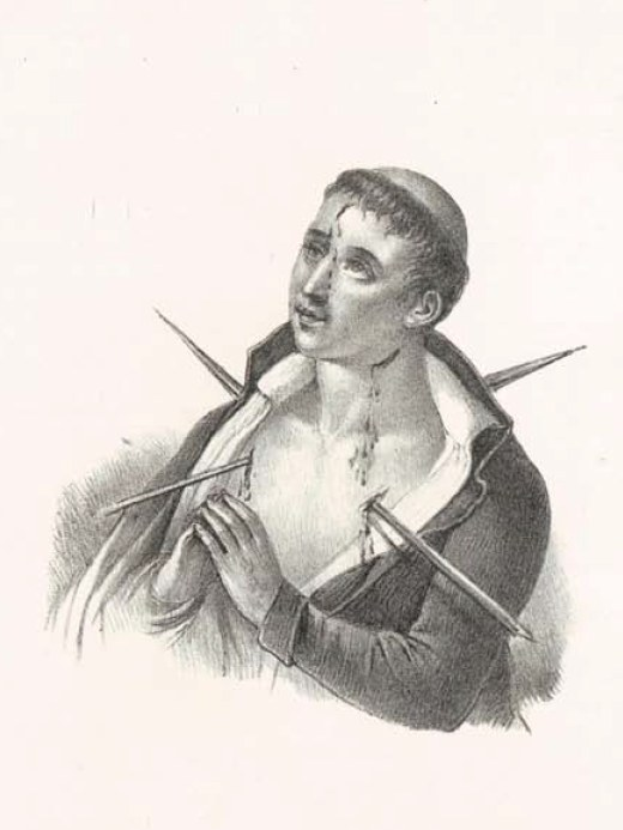 Schwarze und weiße Zeichnung eines verzweifelten Mannes mit einem Messer, zerrissener Kleidung und zerzaustem Haar, die Hände in Verzweiflung gegen einen weißen Hintergrund gepresst.