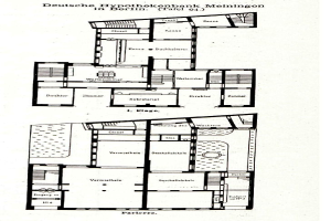 Ein detaillierter Grundrissplan des Hypothenbank Meiningen-Gebäudes in Berlin, der den Aufbau von Zimmern, Fenstern, Türen und anderen Merkmalen zeigt.