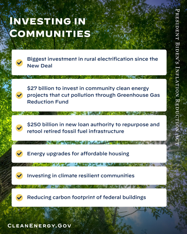 Plakat mit Bäumen und Himmel im Hintergrund, Text "Investing in Communities: Biggest Investment in Rural Electricity Since the New Deal".