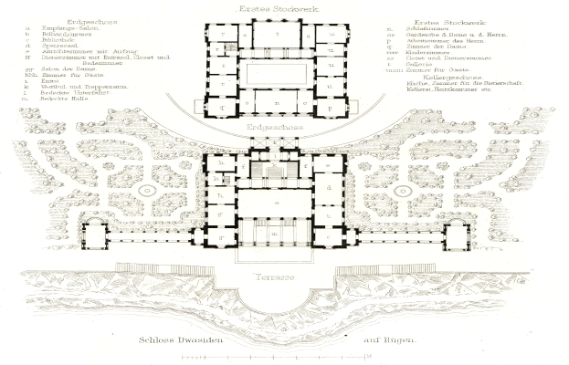 Ein detaillierter architektonischer Grundriss des Schlosses Düsseldorf mit zahlreichen Räumen und begleitendem Text.