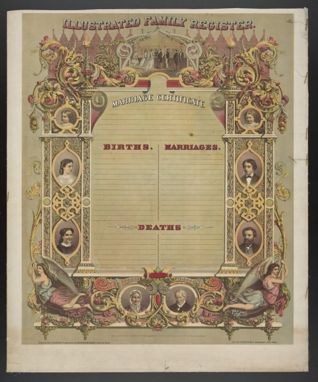 Illustrierter Familienstammbuch-Eintrag mit schwarzem Hintergrund, zeigt Bilder von Menschen und Text mit der Aufschrift "Geburten, Hochzeiten, Tode".