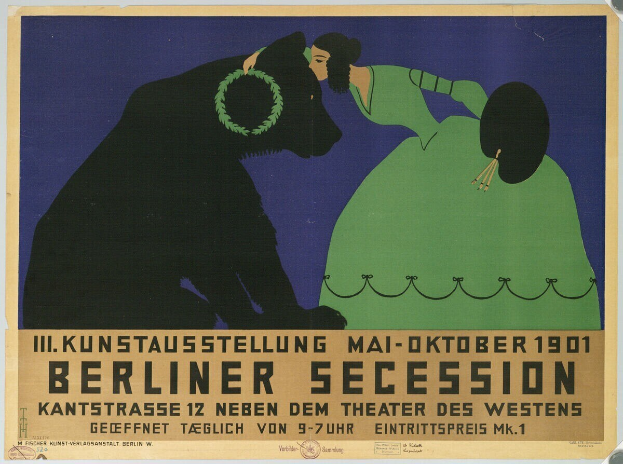 Ein Plakat der Berliner Secession mit einer Frau in einem grünen Kleid und einem Mann in einem schwarzen Anzug, mit Text zur Beschreibung des Ereignisses.