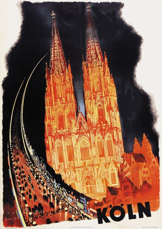 Illustrierter Plakatentwurf für einen Bahnhof in Köln, Deutschland, mit dem Kölner Dom und seiner detaillierten Architektur, begleitet von Text.