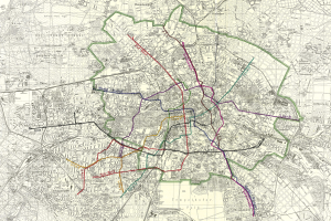 Ein altes Berlin-Karte mit farbigen Linien, die die Route der Berliner U-Bahn anzeigen.