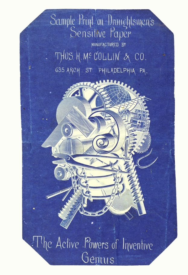 Ein blaues Buch mit dem Titel "Die aktiven Kräfte des erfinderischen Genies" mit einem weißen Cover, das ein Mannes Gesicht in weißer Schrift zeigt.