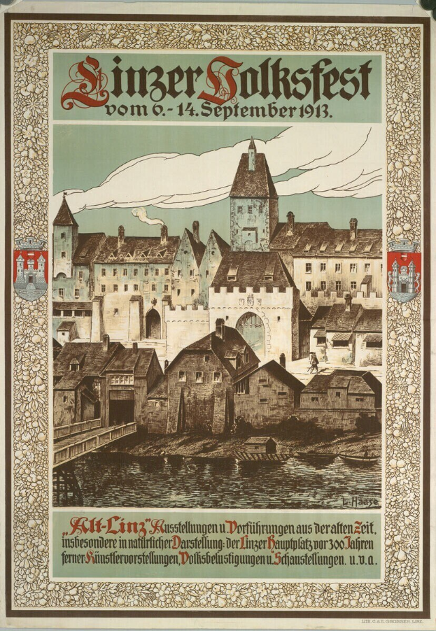 Alter Plakatwerbung für ein Festival in Deutschland, das ein Schloss zeigt, umgeben von Häusern mit Text, der Festivalinformationen enthält.