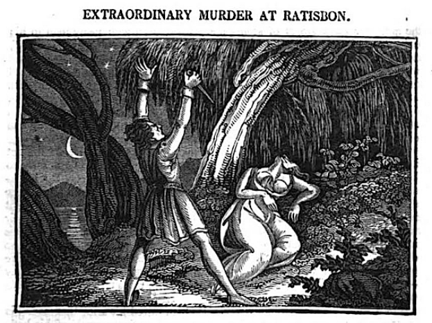 Eine Schwarz-Weiß-Illustration eines Mannes und einer Frau in einem Wald mit Bäumen im Hintergrund, mit dem Text "Außergewöhnlicher Mord in Ratison" oben und unten.