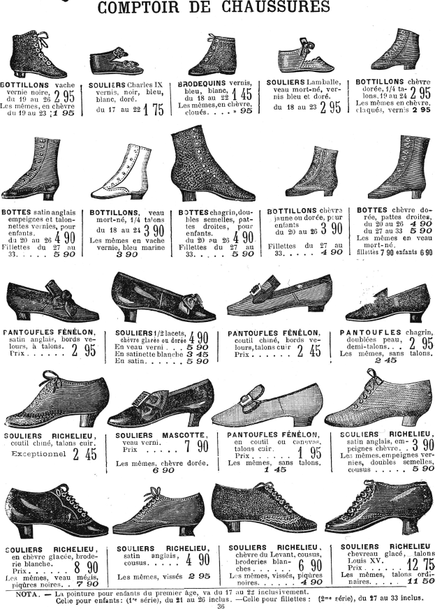 Eine Buchseite mit verschiedenen Frauenschuhen in einzigartigen Designs, jeweils mit detaillierten Informationen wie Größe, Form, Farbe und Preisetikett, ordentlich angeordnet.