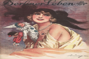 Eine Frau in einem gelben Kleid hält eine Puppe, beide mit sanften und neugierigen Ausdrücken, vor einem hellblauen Hintergrund, mit dem Text "Berliner Leben Magazine - April 1928" auf dem Cover und einem Wasserzeichen in der rechten unteren Ecke.