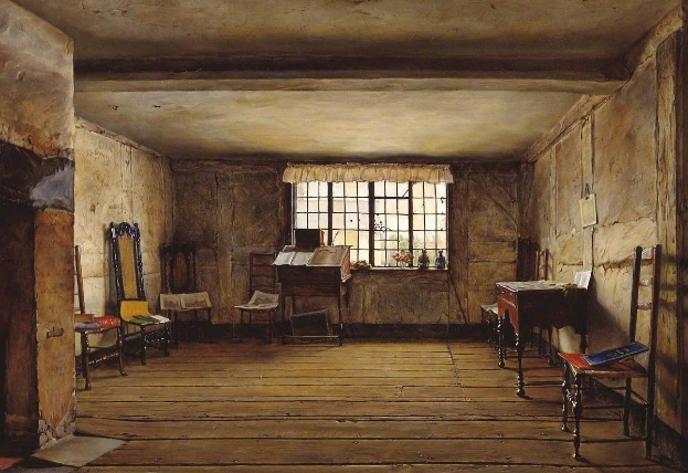 Gemälde 'Die Studierstube des Künstlers' von Joseph Mallord William Turner, das einen Raum mit Holzfußboden und -wänden, ein verhängtes Fenster, einen Tisch mit Büchern und Gegenständen, Stühle, einen Spiegel und eine Tür zeigt.