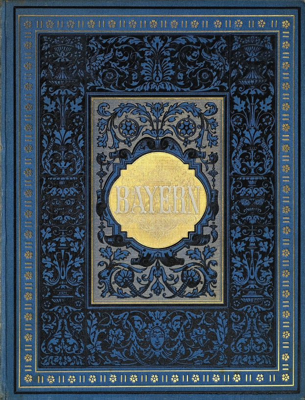 Ein blau-goldenes Buch mit dem Wort 'Bayern' auf dem Cover, das mit detaillierten Dekordesigns versehen ist.