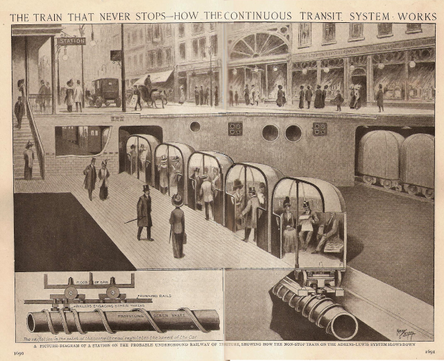 Ein Blatt mit Bildern von Menschen, Zügen und anderen Gegenständen sowie dem Text "Der Zug, der nie aufhört - wie das ständige Transportsystem funktioniert".