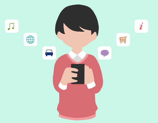 Animierter Mensch mit Smartphone und App-Icons, die die Nutzung von Einkaufs-Apps anzeigen.