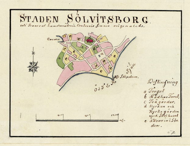Detailierte Papierkarte der Stadt Solvitsborg, Schweden, mit Straßen, Gebäuden und Sehenswürdigkeiten mit handgeschriebenen Textanmerkungen.