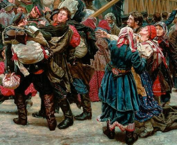 Gemälde, das eine Gruppe von Menschen zeigt, die vor einem Publikum tanzen, einige halten Gegenstände, mit einem hölzernen Haus im Hintergrund, das während der russischen Revolution spielt und traditionelle russische Kleidung zeigt.