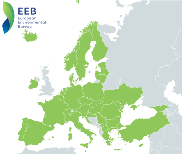 Eine Karte von Europa mit dem Logo des Europäischen Umweltbüros in der linken oberen Ecke, die in verschiedenen Grüntönen schattiert ist, um die EU-Regionen anzuzeigen.